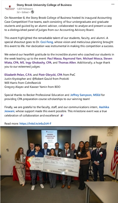 SUNY Stony Brook College of Business ACcounting Case Competition LinkedIn Post