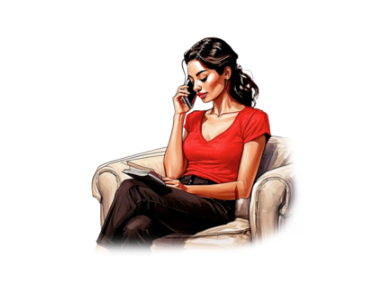 a women sitting on a couch and talking on the phone