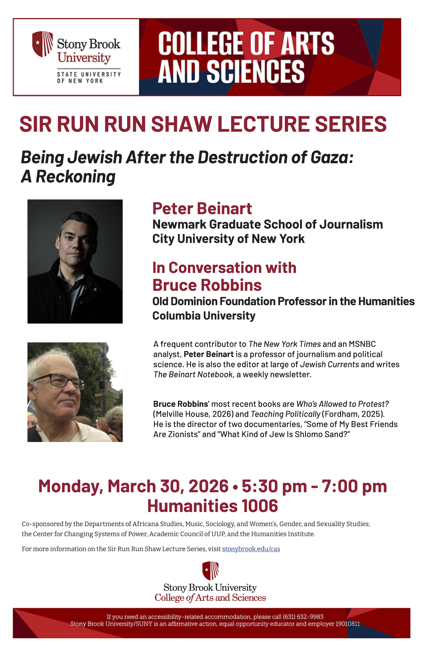 Being Jewish After the Destruction of Gaza: A Reckoning event poster poster with photos of speakers Peter Beinart and Bruce Robbins