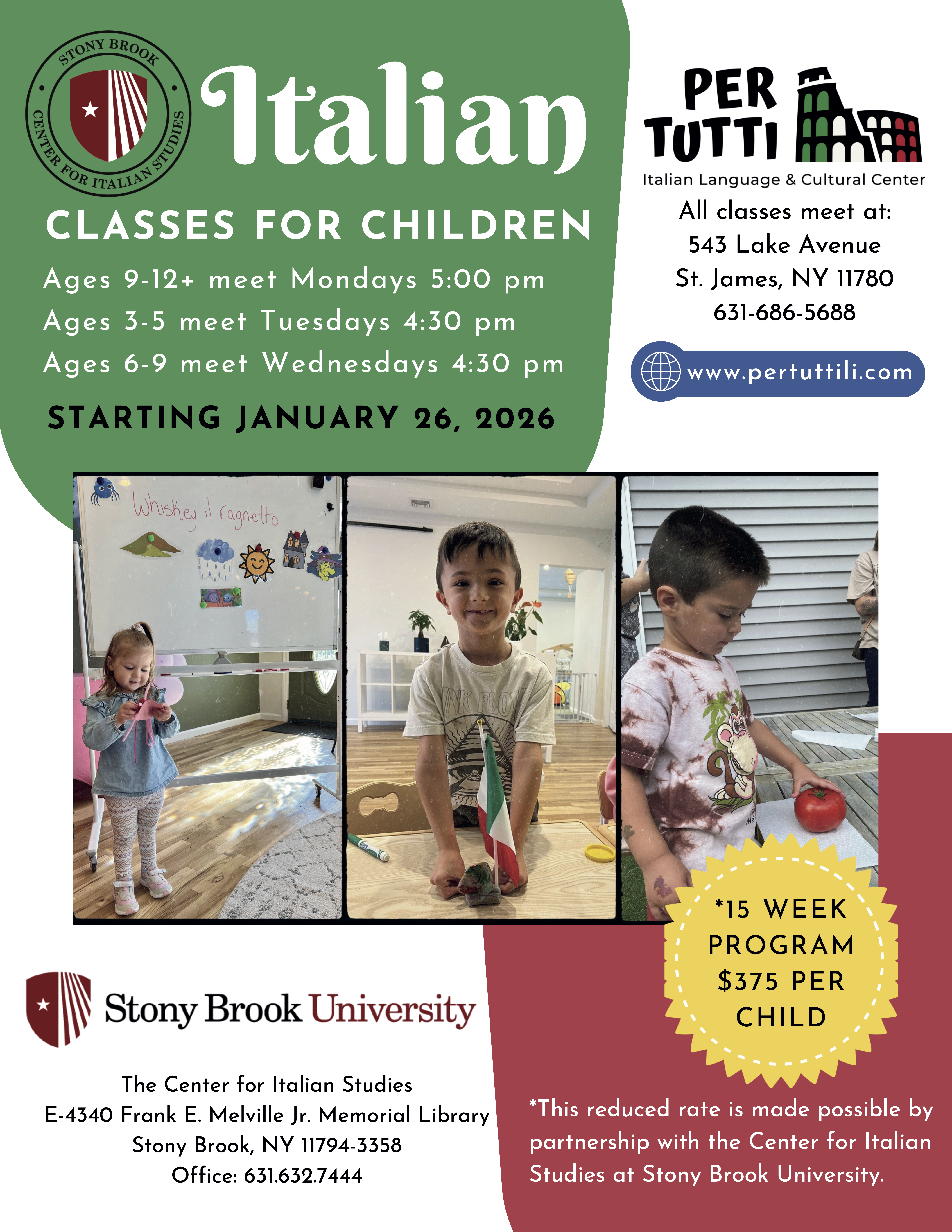 a flyer containing information on the per tutti children's spring 2026 program; information contained is the same as what's on the site, in addition to the PerTutti homepage (www.pertuttili.com). Click the image for a pdf version