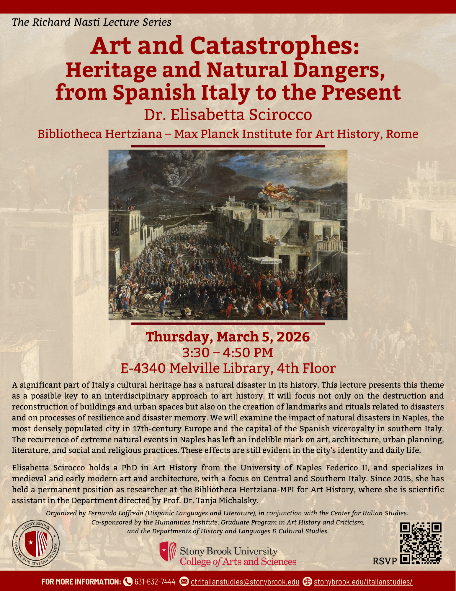 flyer for an event at the Center on March 5, 2026 at 3:30 to 4:50pm. The event is 'Art and Catastrophes: Heritage and Natural Dangers from Spanish Italy to the Present' and the flyer contains an image of an oil painting by Domenico Gargiulo