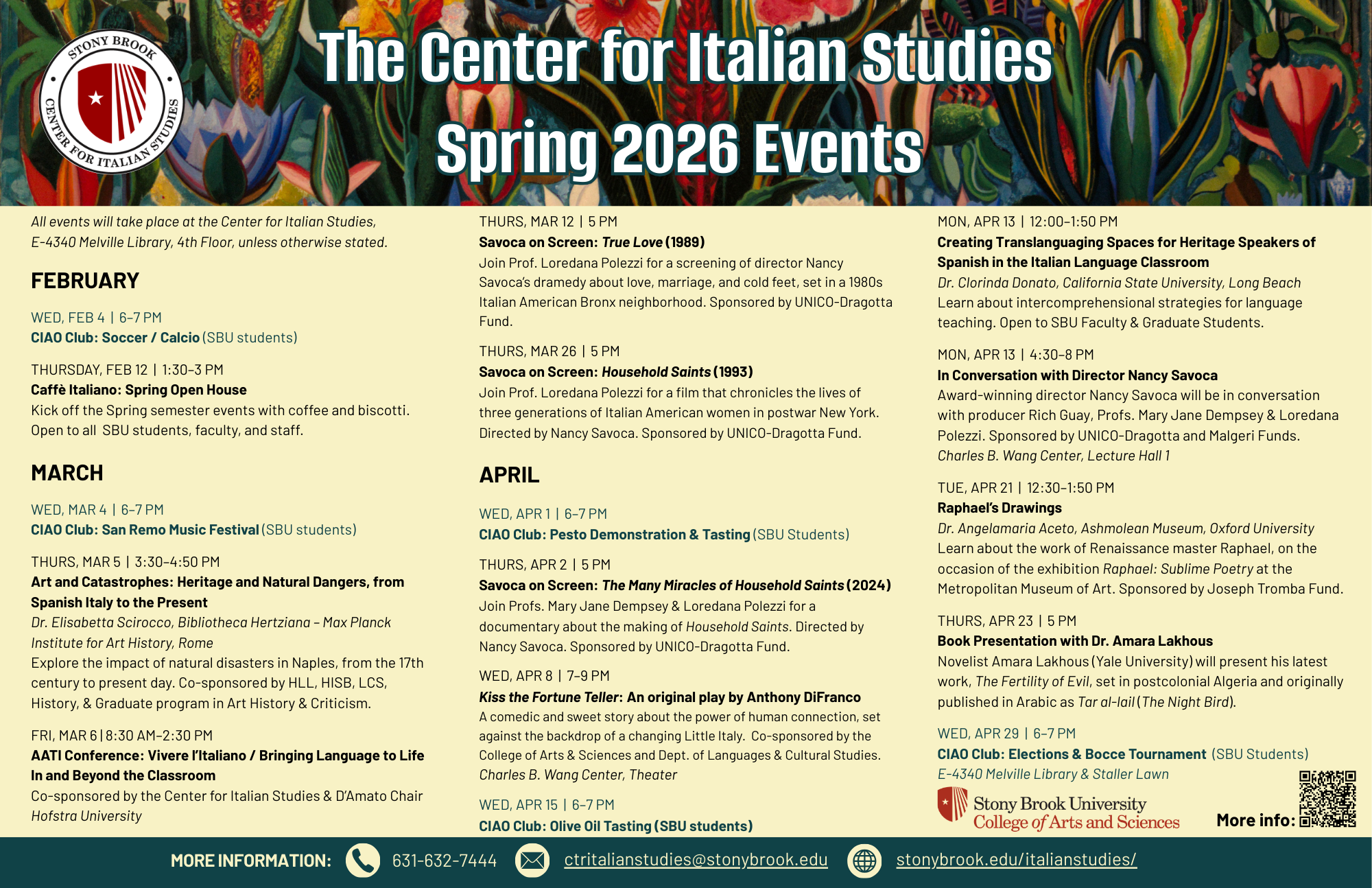 a flyer containing all Spring 2026 events from the Center for Italian Studies. Events on the flyer are the same as ones of the site.