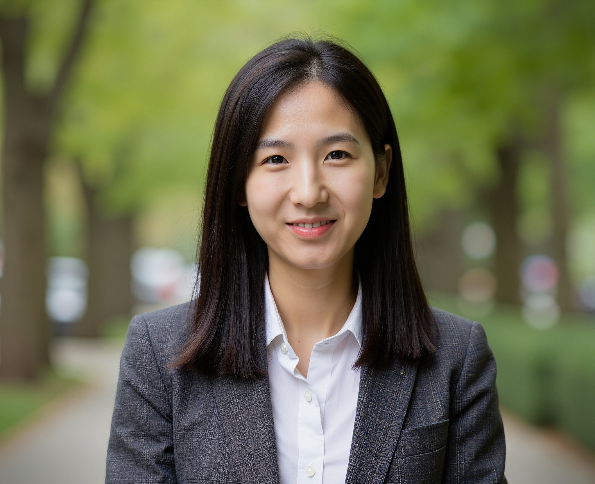 Wei Zhong A smiling woman, Wei Zhong, with shoulder-length dark hair, stands outdoors. She is wearing a white collared shirt under a gray plaid blazer. The background is a tree-lined path, slightly blurred, suggesting a park or campus setting.