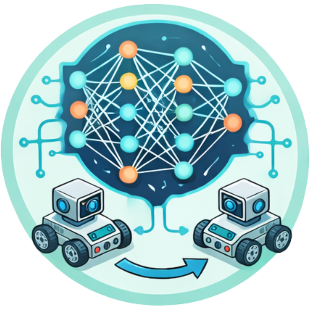 Two robots with a bubble showing a neural network icon between them