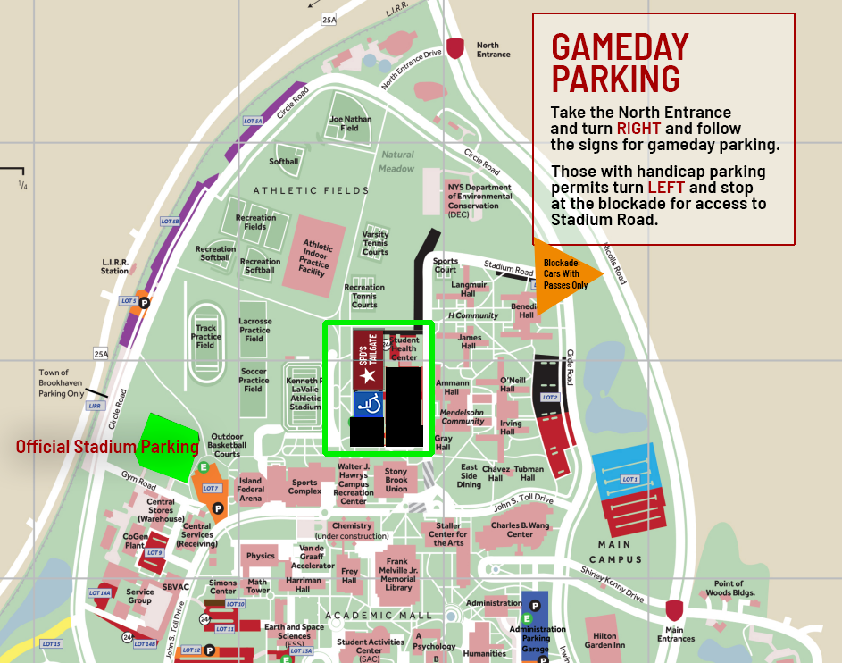 Gameday Parking Map Partial map of the Stony Brook Campus providing parking directions.
